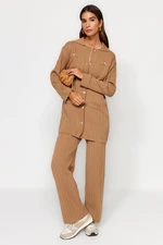 Trendyol Brown Ribbed Cardigan-Pants Knitwear Two Piece Set