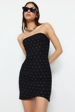 Trendyol Black Stone Printed Strapless Mini Elegant Evening Dress