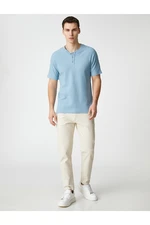 Koton Basic T-shirt With a Wide Collar Buttons, Slim Fit Short Sleeves