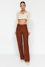 Trendyol Brown High Waist Straight Straight Cut Woven Belt Detail Trousers