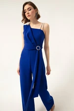 Lafaba Women's Sax One-Shoulder With Stones Evening Dress Jumpsuit Lafaba Women's Sax One-Shoulder With Stones Evening Dress Jumpsuit