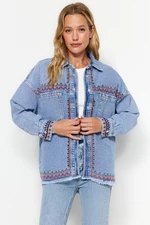 Trendyol Blue Embroidered Denim Shirt Jacket