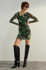 Trendyol Limited Edition Green Printed Mini Knitted Dress With Tulle Lined Asymmetrical Collar