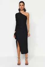 Trendyol Black Single Sleeve Rose Detailed Evening Dress
