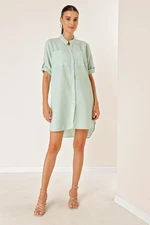 By Saygı Two Pockets Front Short Back Long Stripe Short Sleeve See-through Dress Green