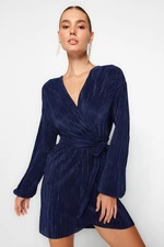 Trendyol Navy Blue Belted Waist/Skater Knitted Lined Pleated Elegant Evening Dress