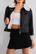BİKELİFE Women's Black Silk Fur Coat Collar Buckled Sleeve Fur Detail Leather Coat BİKELİFE Women's Black Silk Fur Coat Collar Buckled Sleeve Fur Detail Leather Coat