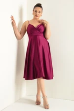 Lafaba Women's Plum Rope Strap Waist Belted Satin Midi Plus Size Evening Dress Lafaba Women's Plum Rope Strap Waist Belted Satin Midi Plus Size Evening Dress
