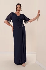 By Saygı Plus Size Lycra Glittery Long Dress With Chiffon And Stone Detailed Lining, Navy Blue.