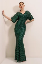 By Saygı Sequins Lined Long Dress Green