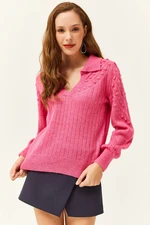 Olalook Women's Fuchsia Polo Neck Little Pompom Soft Textured Knitwear Sweater