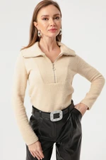 Lafaba Women's Beige Collar Zippered Sweater