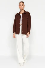 Trendyol Brown Oversize/Wide Fit Polo Jacket with Pockets and Buttons, Fleece Inner Knitted Jacket