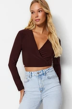 Trendyol Brown Double-Breasted Collar Fitted/Skinned Stretchy Blouse with Crop
