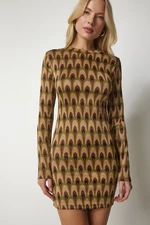 Happiness İstanbul Women's Beige Green Stand-Up Collar Patterned Mini Knitwear Dress
