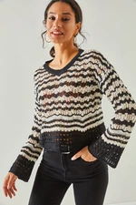 Olalook Women's Black and White Crew Neck Openwork Cotton Knitwear Sweater