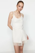 Trendyol Ecru Elegant Evening Dress that opens at the Waist/Skater Lined, Woven Tassels Wedding/Wedding Dress