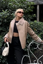 Trend Alaçatı Stili Women's Mink Double Breasted Collar Für Lined Zipper Soft Faux Leather Coat