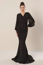 By Saygı Double-breasted Chiffon Long Chiffon Dress Black