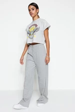 Trendyol Gray Melange Pleat Detailed Relaxed/Comfortable Cut High Waist Knitted Trousers