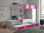 Dětská postel pro 3 děti Thiago, bílá/růžový lesk