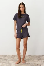 Trendyol Anthracite 100% Cotton Embroidered Ruffle Detail T-shirt-Shorts Knitted Pajamas Set