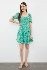 Trendyol Green Patterned Waist Opening Mini Lined Chiffon Woven Dress