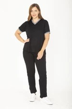 Şans Women's Plus Size Black Ribanall Short-Sleeved Blouse, Pants, Tracksuit Suit