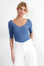 Trendyol Indigo Lace Detail V Neck Fitted Cotton Stretch Knitted Blouse