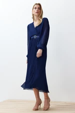 Trendyol Navy Blue Belted A-Line Pleated Maxi Lined Chiffon Woven Dress