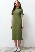 Trendyol Khaki Knitwear Tape Detailed Crew Neck Short Sleeve Elastic Knitted Dress