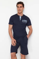 Trendyol Navy Blue Button Collar Regular Fit Pajama Set with Knitted Shorts