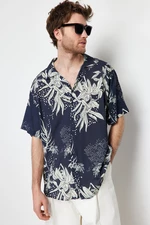 Trendyol Navy Blue Oversize Fit Leaf Printed 100% Viscose Short Sleeve Flowy Summer Shirt