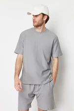 Trendyol Limited Edition Gray Oversize 100% Cotton Labeled Textured Basic Thick T-Shirt