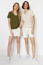 Trendyol Khaki-Beige 100% Cotton 2-Pack Basic V-Neck Knitted T-Shirt