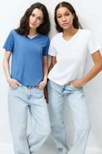 Trendyol White-Indigo 100% Cotton Pack of 2 Regular/Normal Pattern Basic V-Neck Knitted T-Shirt