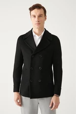 Avva Men's Black Double Breasted Collar Woolen Cuffed Comfort Fit Casual Coat