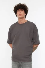 Trendyol Anthracite Pánske basic tričko s krátkym rukávom zo 100% bavlny Crew Neck oversize