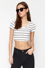 Trendyol White Striped Fitted Pool Neck Ribbed Stretch Knit Blouse