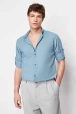 Trendyol Blue Slim Fit Buttoned Collar Epaulette 100% Cotton Shirt