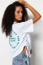 Trendyol White 100% Cotton Back Printed Gathered Detailed Oversize Fit Crew Neck T-Shirt
