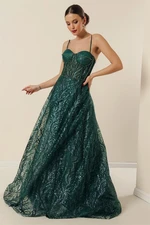 By Saygı Rope Straps with Beading Detail Lined Sequins And Glitter Underwire Long Dress Emerald