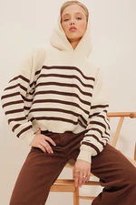 Trend Alaçatı Stili Women's Brown Hooded Striped Winter Knitwear Sweater