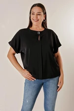 By Saygı Plus Size Chiffon blouse with a brooch collar and a fly down the front. Short Bat Sleeves.