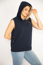 Şans Women's Plus Size Navy Blue Sleeveless Sweatshirt with Slits on the Side.