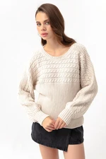 Lafaba Women's Beige Crew Neck Hair Knit Detailed Knitwear Sweater.