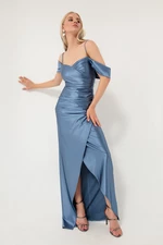 Lafaba Women's Indigo Long Evening Dress with Slim Straps, Double Breasted Collar and Slit.