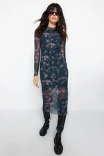 Trendyol Black Printed, Tulle Lined, Fitted Midi Knitted Dress