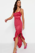 Trendyol Fuchsia Fitted Evening Dress in Knitted Satin with Ruffles