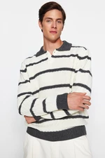 Trendyol Men's Ecru-Grey Regular Fit Striped Polo Neck Knitwear Sweater